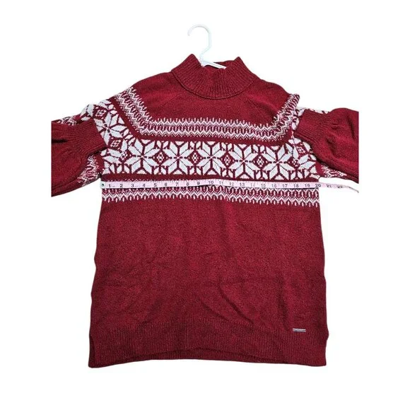 Abercrombie & Fitch Women’s Large Red Fair Isle Mock Neck Knit Sweater Preppy - Picture 6 of 7